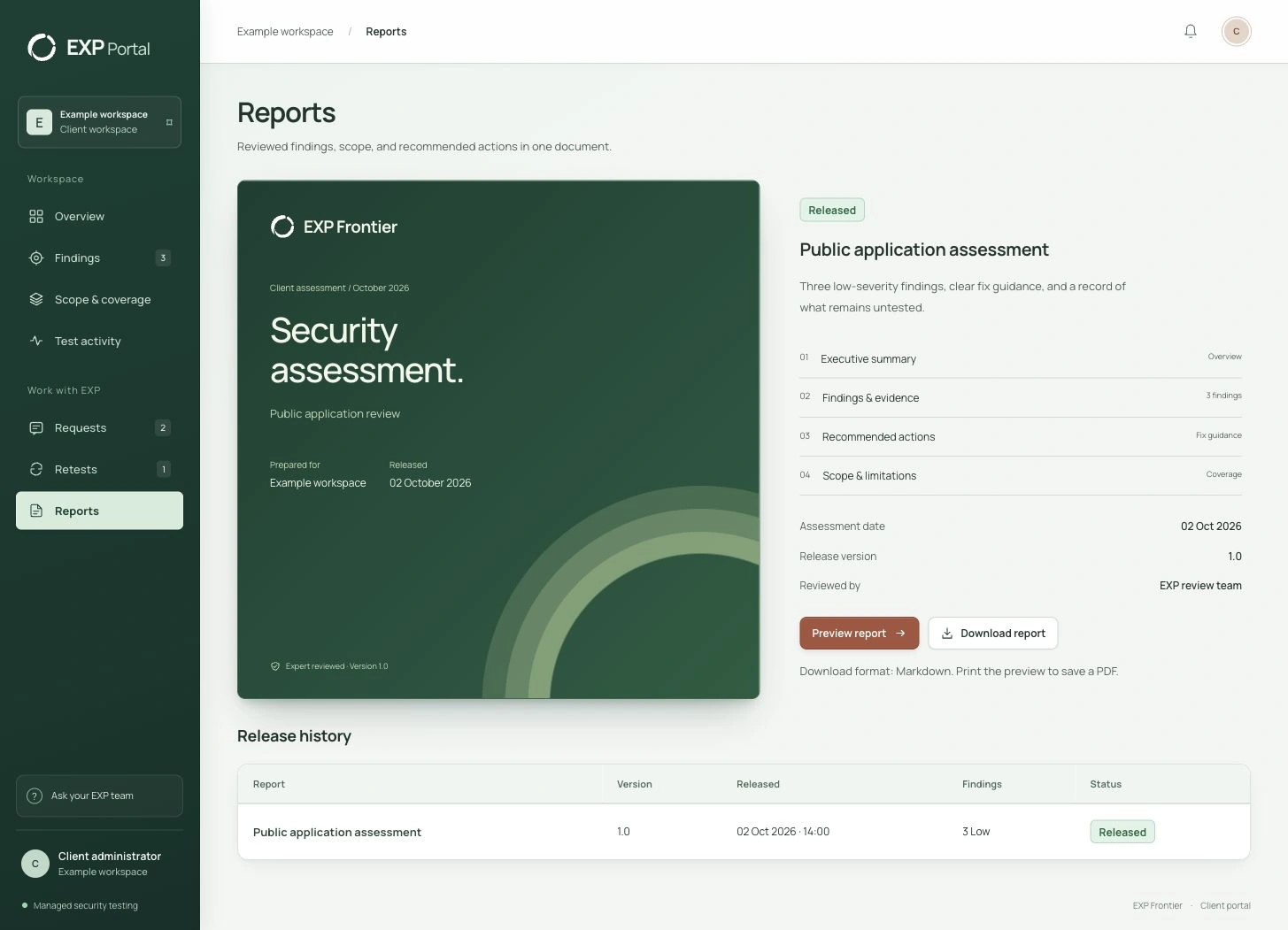 EXP Frontier security assessment cover for an example workspace